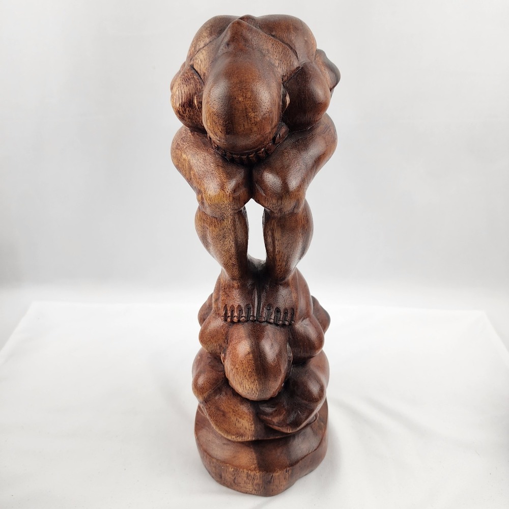 Two Weeping Buddha Wood‎ Orang Malu Shy Man Carved Sculpture 12 x 4 In. Art